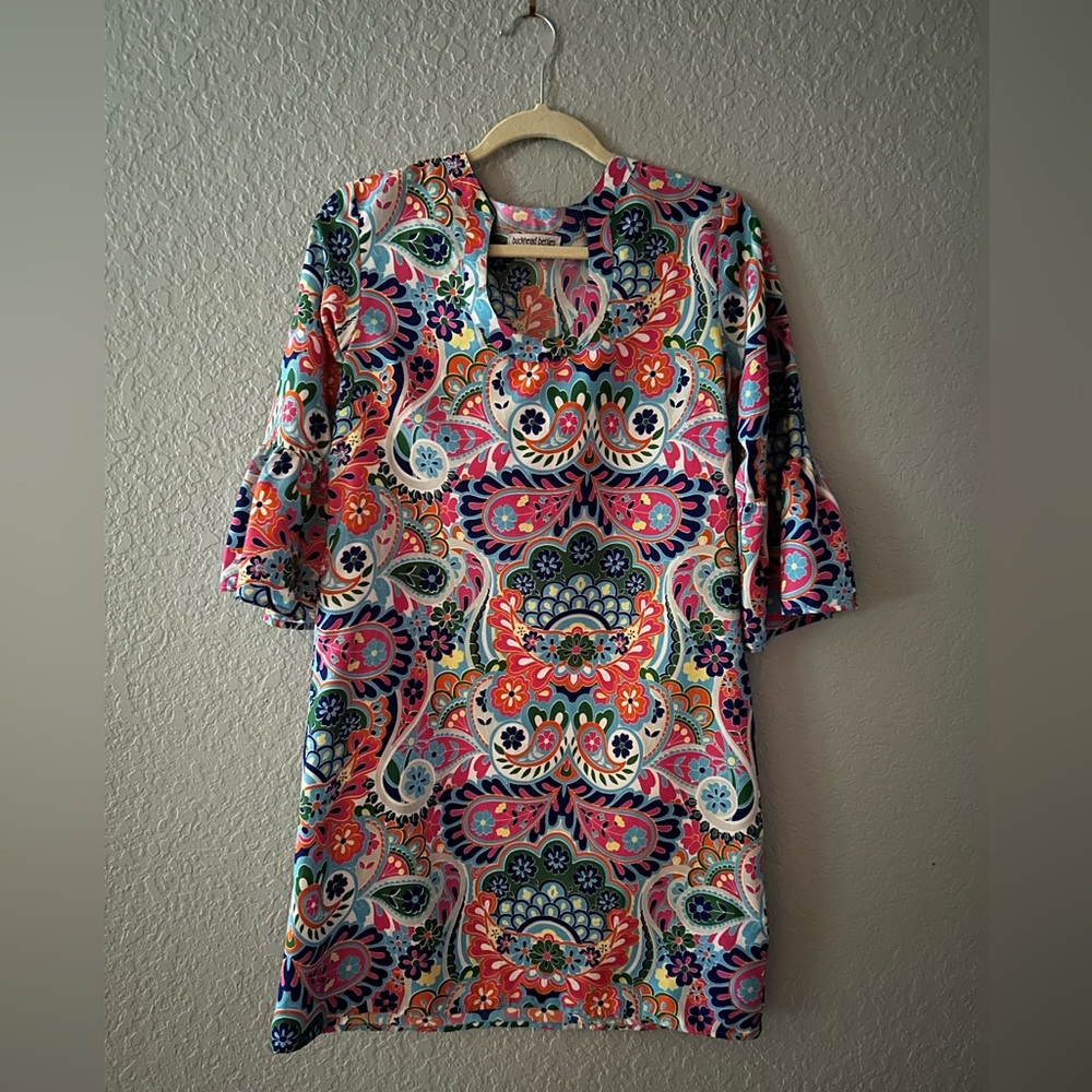 Bright, colorful, silky dress, size medium.